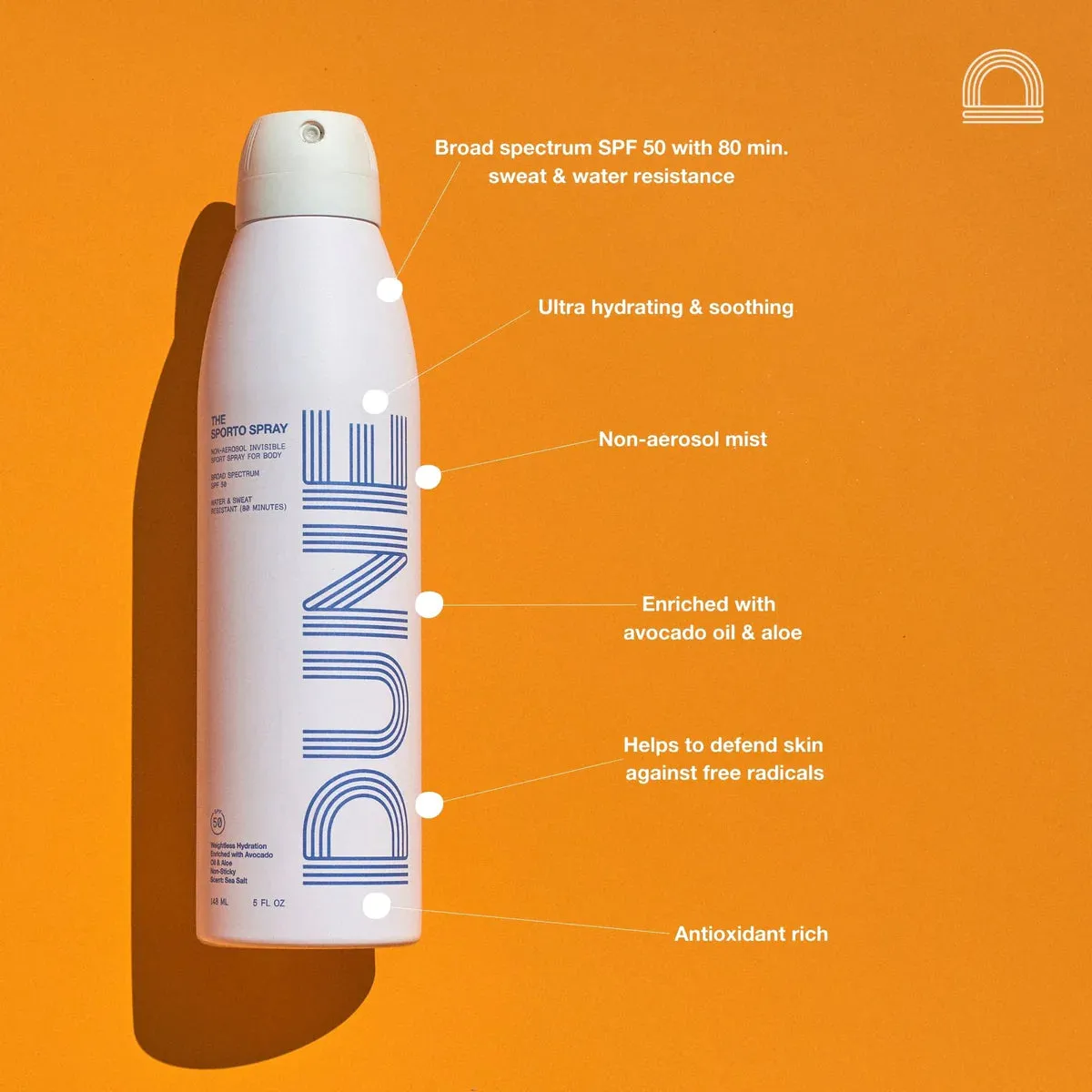 THE SPORTO SPRAY Spray Sunscreen :: 150ML/5 FL OZ • SPF 50 • 80 MIN SWEAT & WATER RESISTANCE • SEA SALT SCENTED free