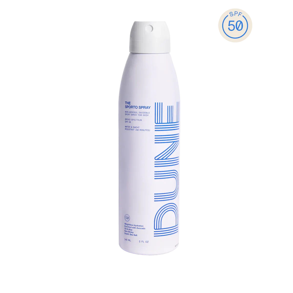 THE SPORTO SPRAY Spray Sunscreen :: 150ML/5 FL OZ • SPF 50 • 80 MIN SWEAT & WATER RESISTANCE • SEA SALT SCENTED free