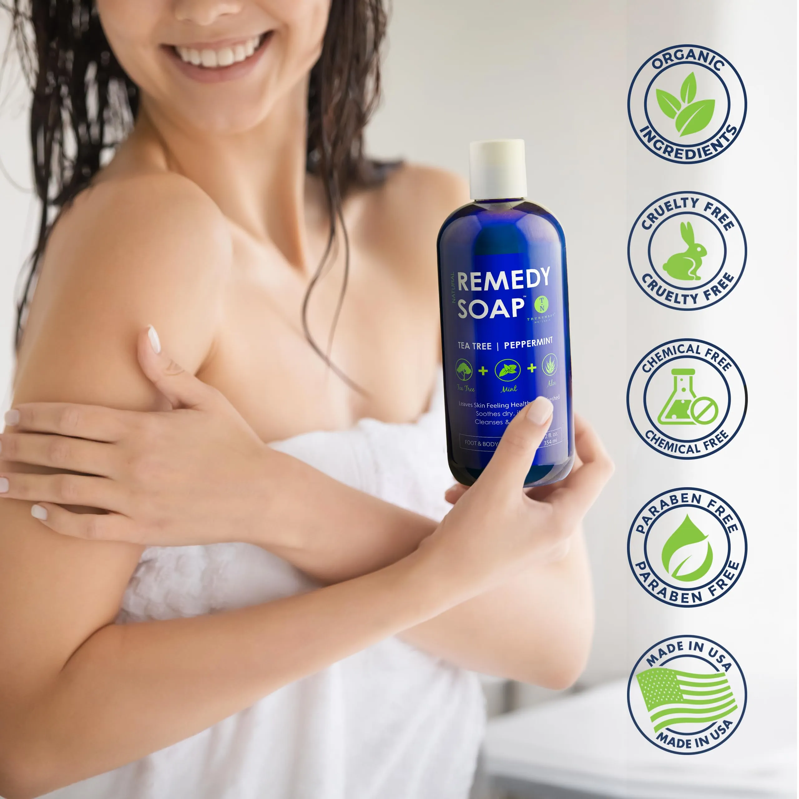 Truremedy Naturals Remedy Tea Tree Oil Body Wash - 12 oz Refreshing Cleanser for Skin and Scalp with Tea Tree, Peppermint, and Aloe - Invigorating Tea Tree Soap Body Wash