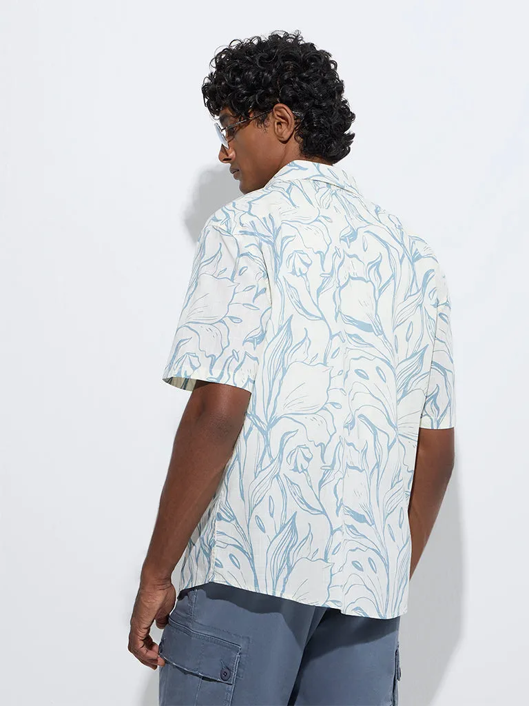WES Casuals Blue Foliage-Inspired Relaxed-Fit Cotton Shirt