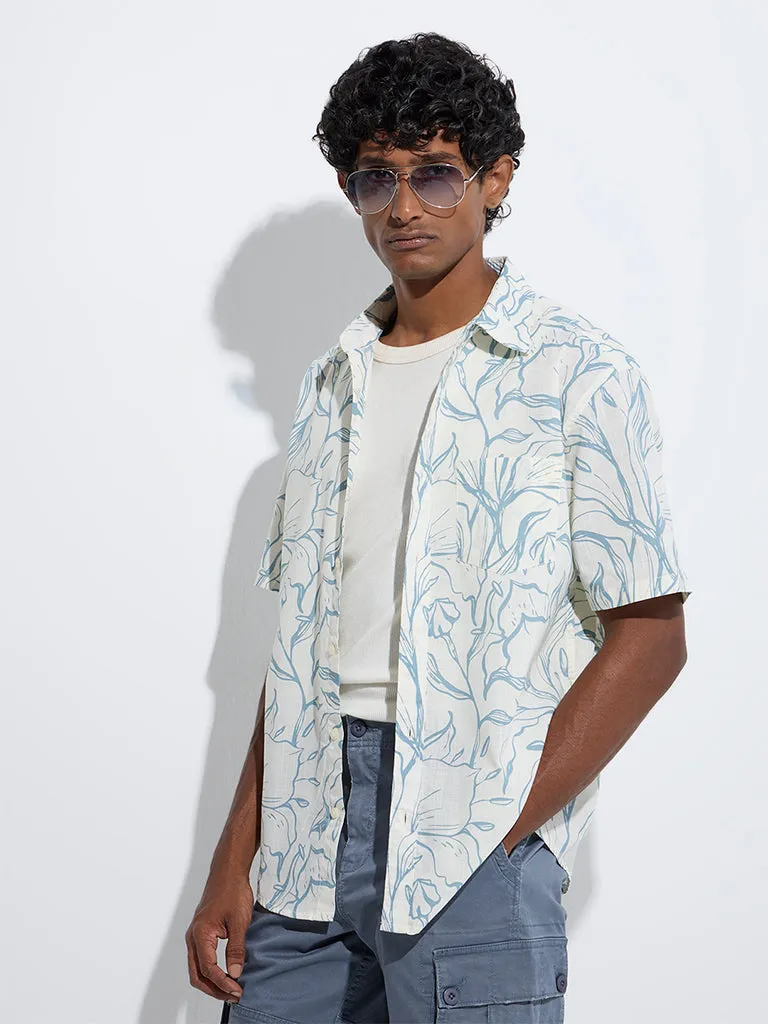 WES Casuals Blue Foliage-Inspired Relaxed-Fit Cotton Shirt