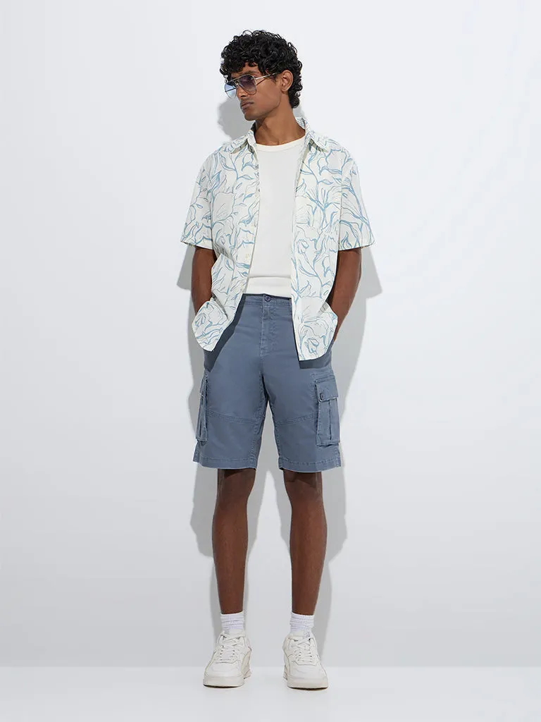 WES Casuals Blue Foliage-Inspired Relaxed-Fit Cotton Shirt